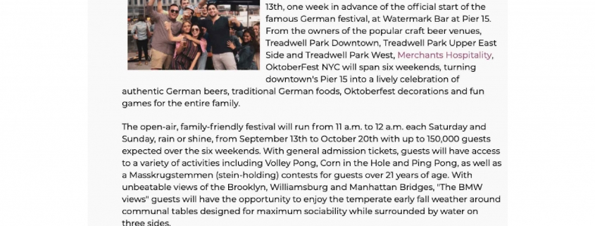 Broadway World - Oktoberfest NYC 2019 Kicks Off Friday, 9/13