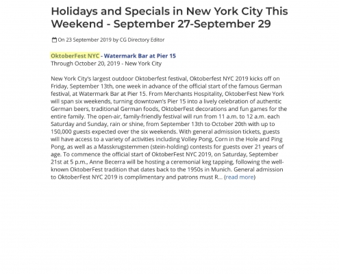 City Guilde NY - Holidays and Specials in New York City This Weekend - September 27-September 29