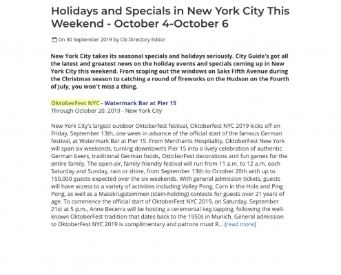 City Guide NY- Holidays and Specials in New York City This Weekend, October 4-October 6