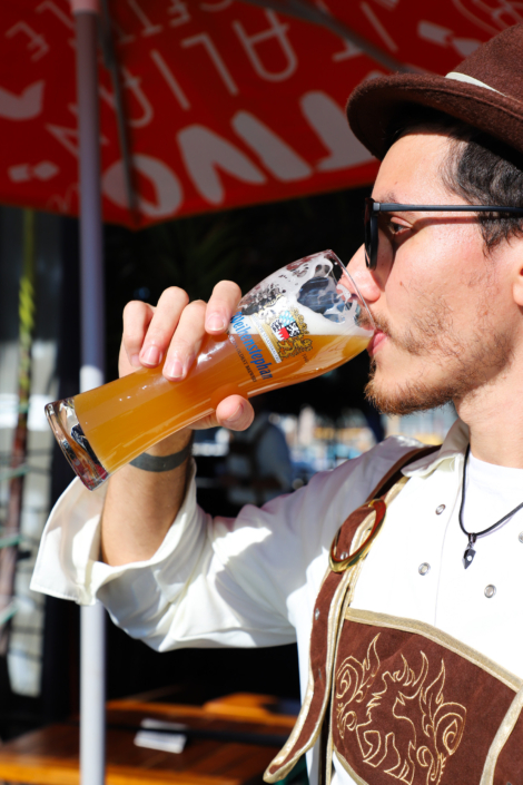 Man enjoying Beer in a Stein at OktoberFest NYC 2022 at Watermark