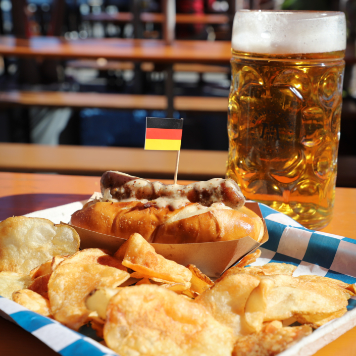 OktoberFest NYC Food - Bratwurst Sandwich & Beer